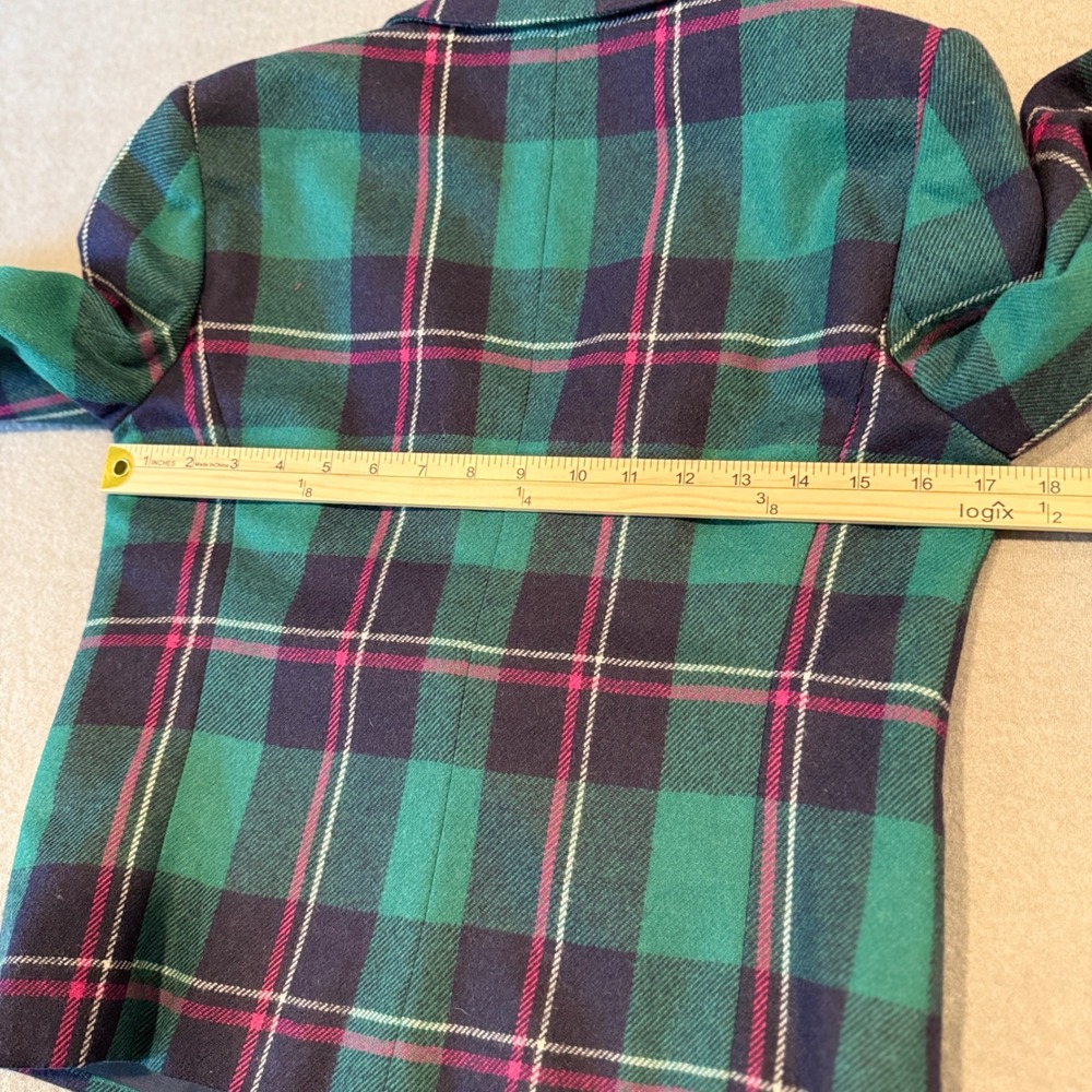 Vintage 80s Plaid Wool Blend Blazer – Teal Green Navy Pink – Petite Size 10 - Picture 15 of 15